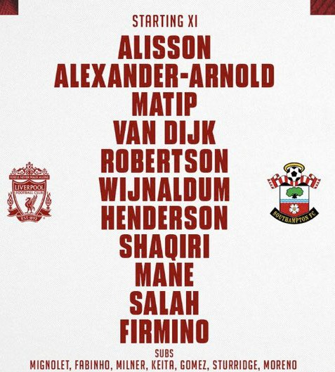 LFC Lineup v Saints 2018