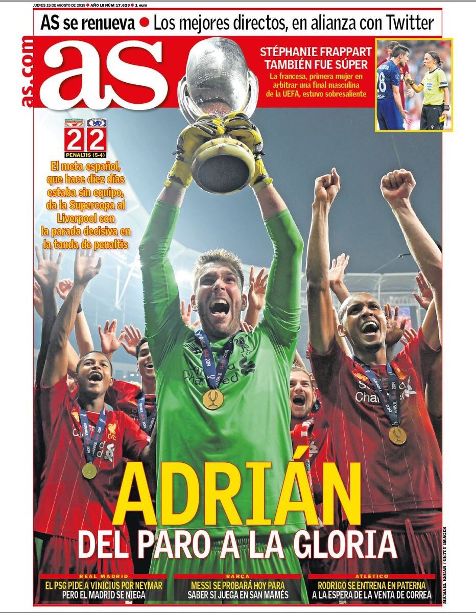 AS Newspaper Headline Liverpool Super Cup Adrian 2019