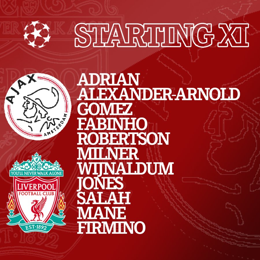 LFC starting lineup vs Ajax CL 2020